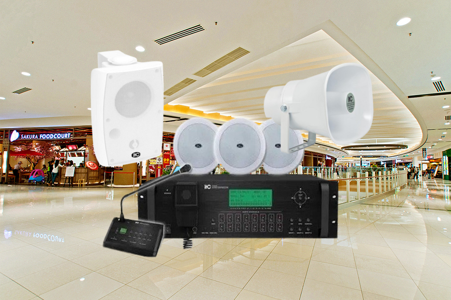 Các thiết bị cơ bản trong hệ thống âm thanh thông báo PA tại trung tâm thương mại.