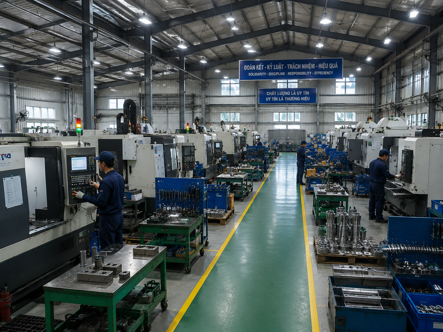 Không gian bên trong phân xưởng máy công nghiệp được giám sát an ninh chặt chẽ, đảm bảo an toàn lao động chống thất thoát.