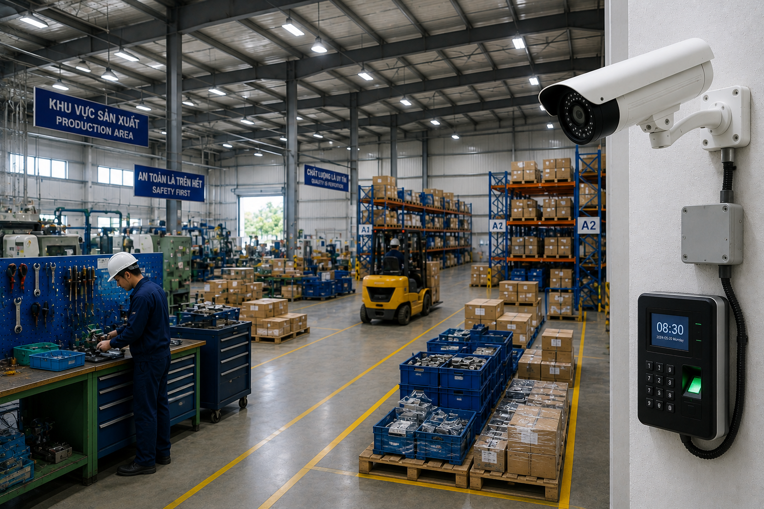Gắn camera thân trụ hồng ngoại góc rộng phối hợp máy kiểm soát cửa vân tay tại khu vực sản xuất và kho chứa hàng ở Bàu Bàng.