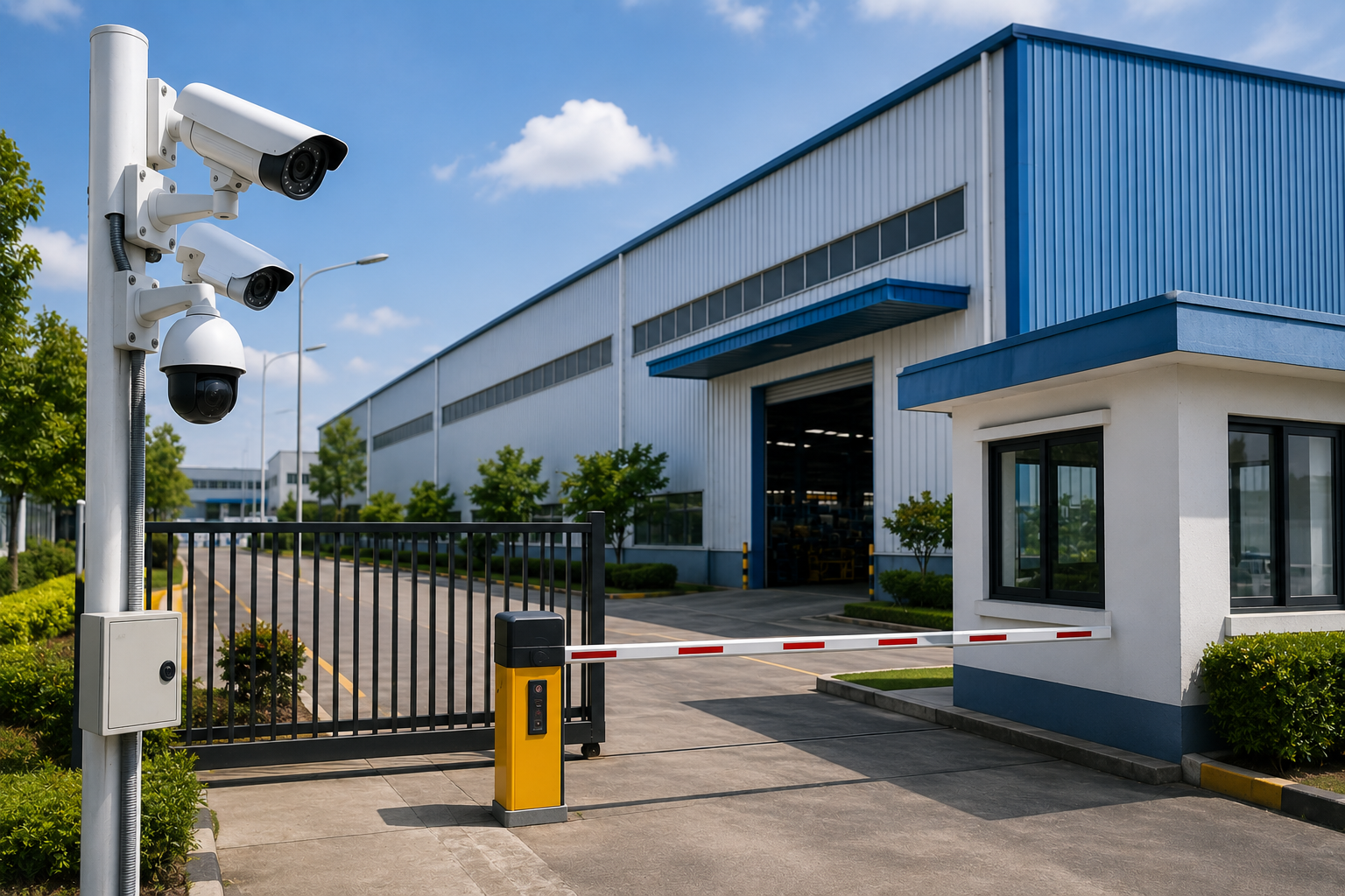 Hệ thống camera quan sát tại cổng chính để kiểm soát phương tiện ra vào nhà xưởng tại Bến Cát.