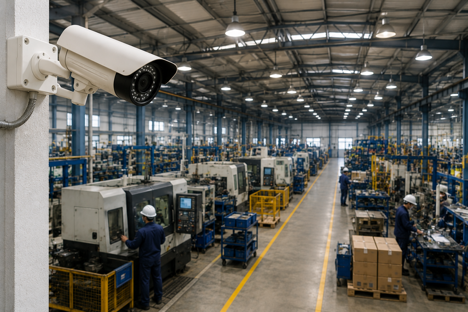 Camera giám sát chuyên dụng lắp đặt tại khu vực sản xuất trực tiếp của một nhà xưởng ở Bến Cát nhằm theo dõi tiến độ làm việc.