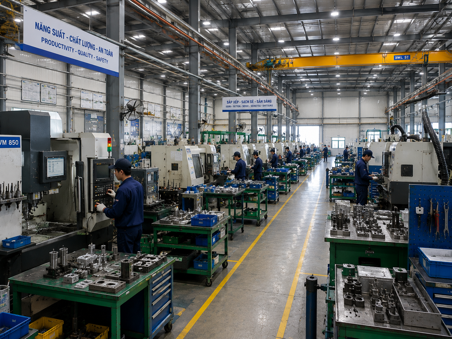 Khu vực máy công nghiệp CNC vận hành trong nhà máy Phú Giáo, nơi cần bố trí các mắt camera hồng ngoại độ bền cao để theo dõi tiến độ sản xuất.