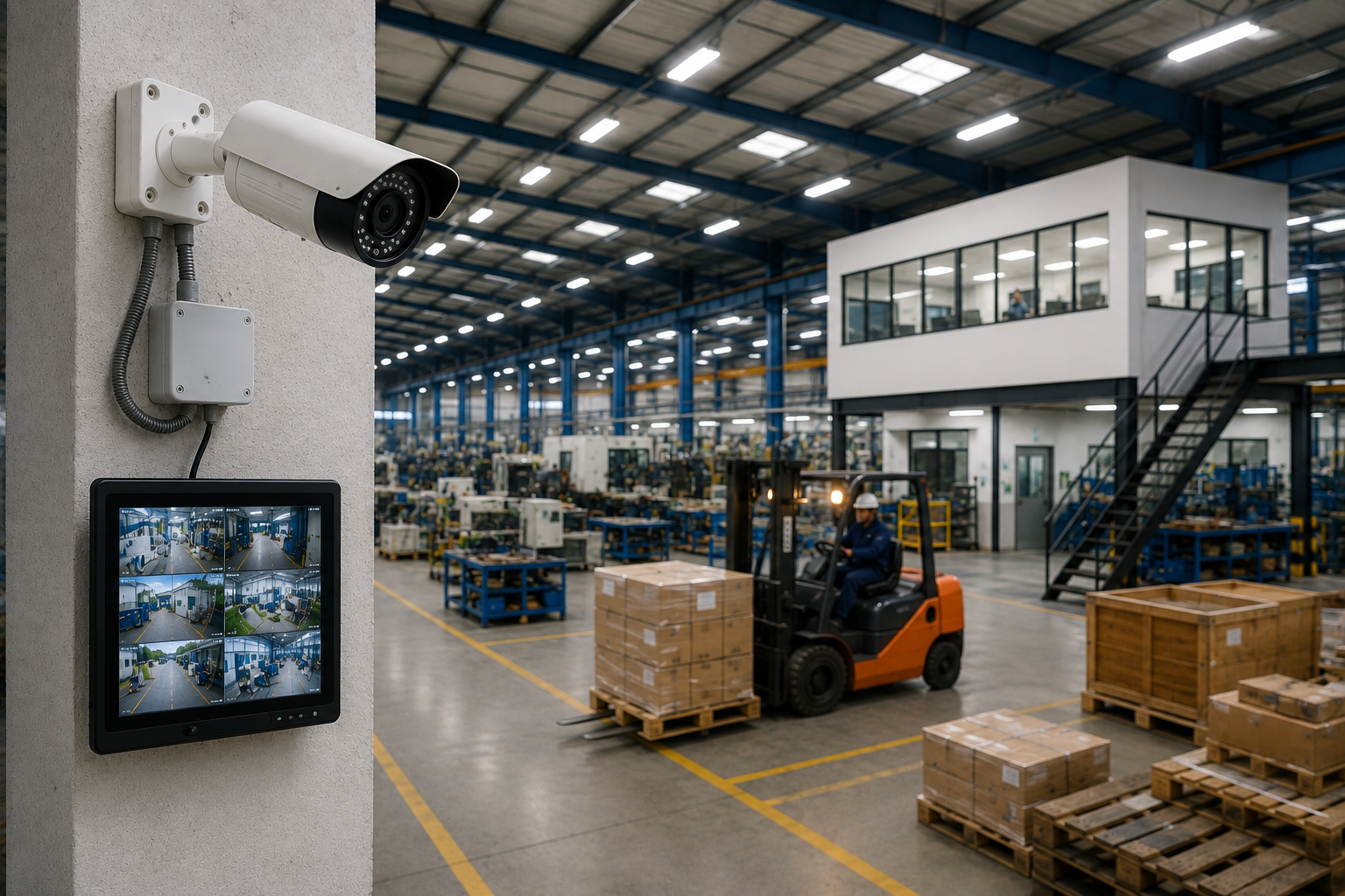 Hệ thống camera quan sát nhà xưởng và màn hình hiển thị giúp theo dõi hoạt động sản xuất, vận chuyển hàng hóa nội khu.