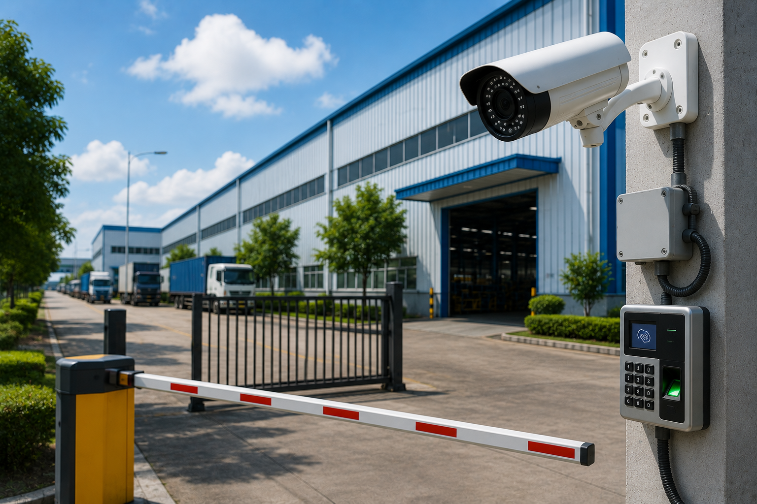 Lắp đặt camera thân trụ giám sát ngoài trời kết hợp máy chấm công vân tay và barrier tự động tại cổng nhà xưởng Tân Uyên.