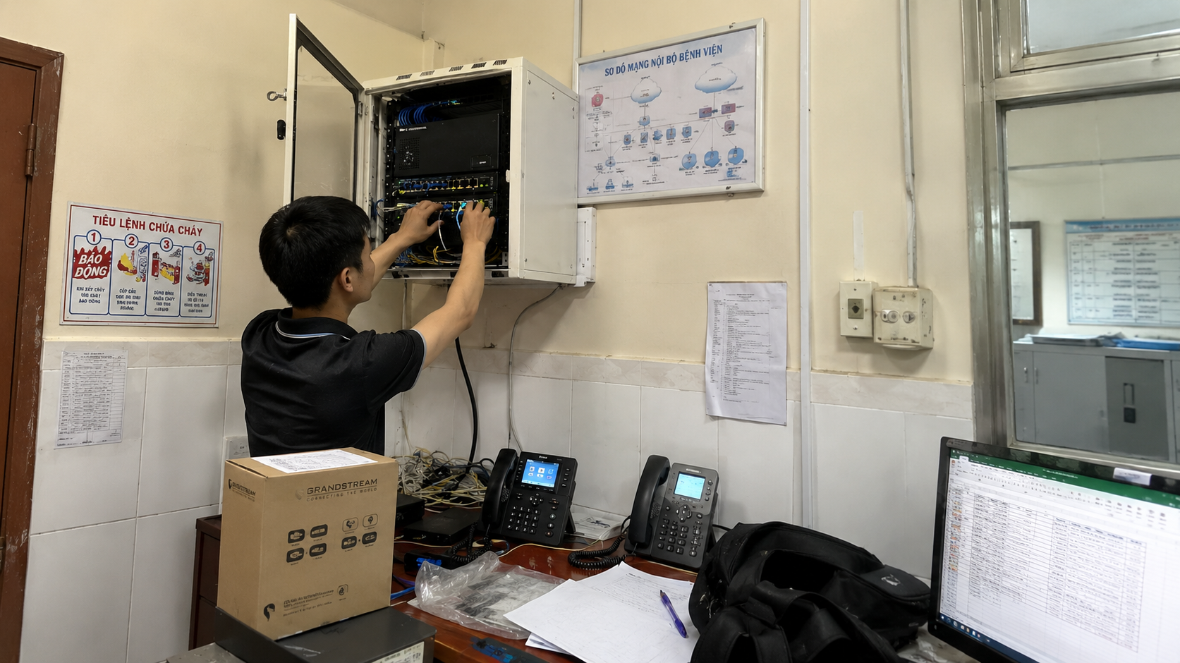 Đội ngũ kỹ thuật TMK kiểm tra hạ tầng đường truyền và sơ đồ máy nhánh trước khi bàn giao hệ thống tổng đài bệnh viện tại Dĩ An.