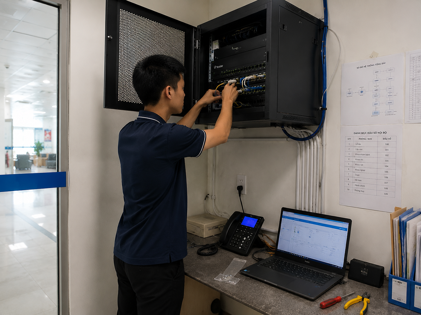 Kỹ thuật viên TMK đang tiến hành đấu nối hệ thống dây mạng và cấu hình thiết bị trong tủ rack cho tổng đài bệnh viện tại Dĩ An.